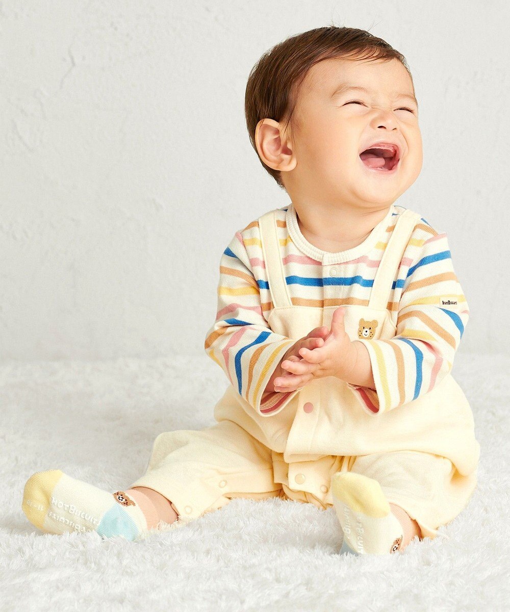 MIKI HOUSE HOT BISCUITS 【70-80cm】 ボーダー柄 重ね着風  カバーオール 