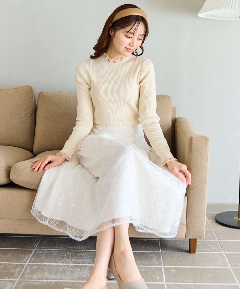 Feroux シアーフリル・ハイネックリブプルオーバー 