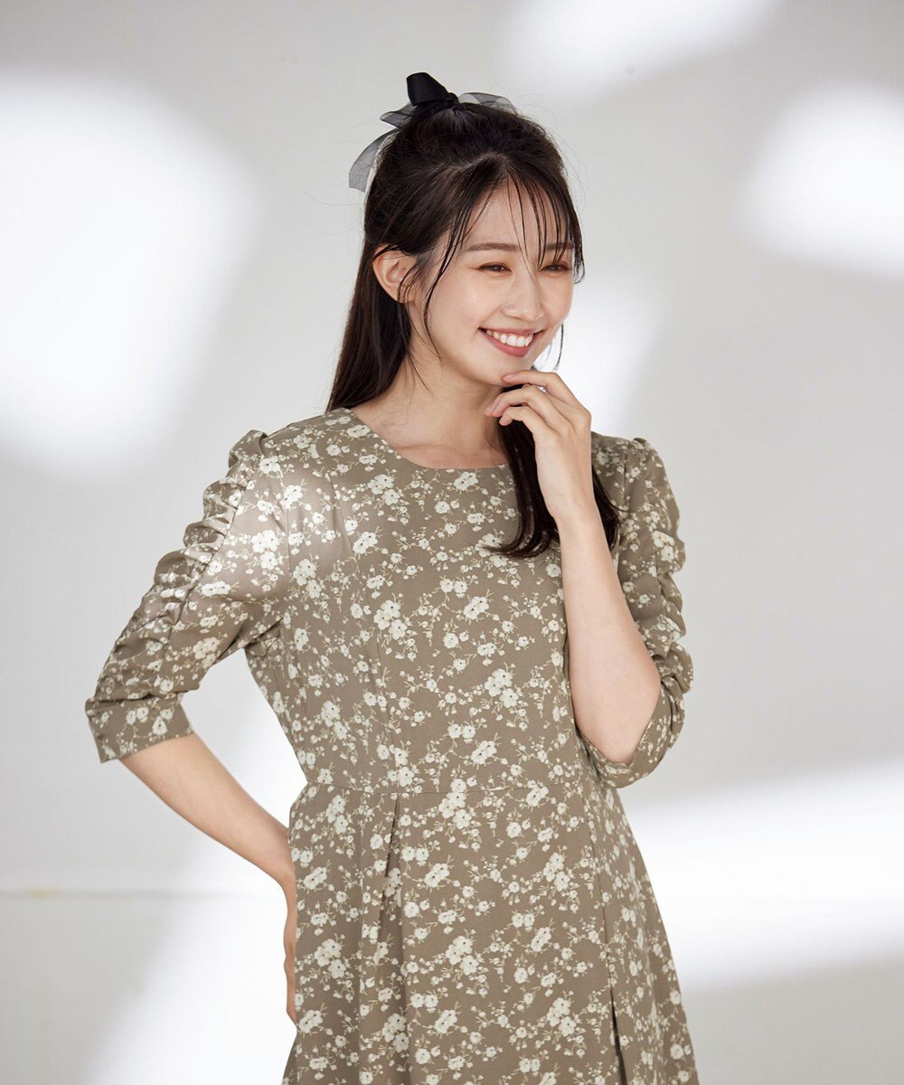 Tiaclasse 【洗える】ギャザースリーブ花柄ワンピース 