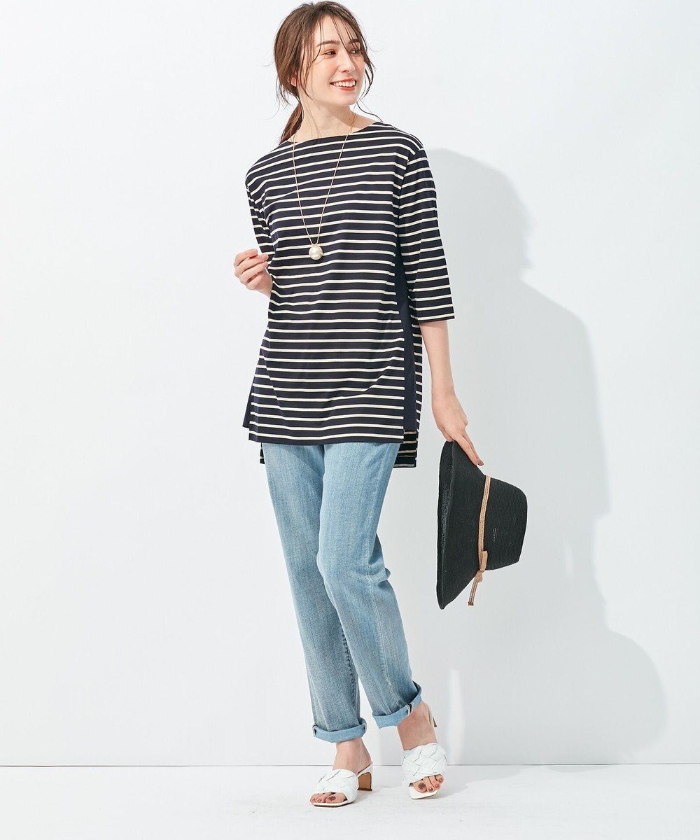 自由区 【洗える/UVケア】ボーダー ボートネックデザインカットソー 