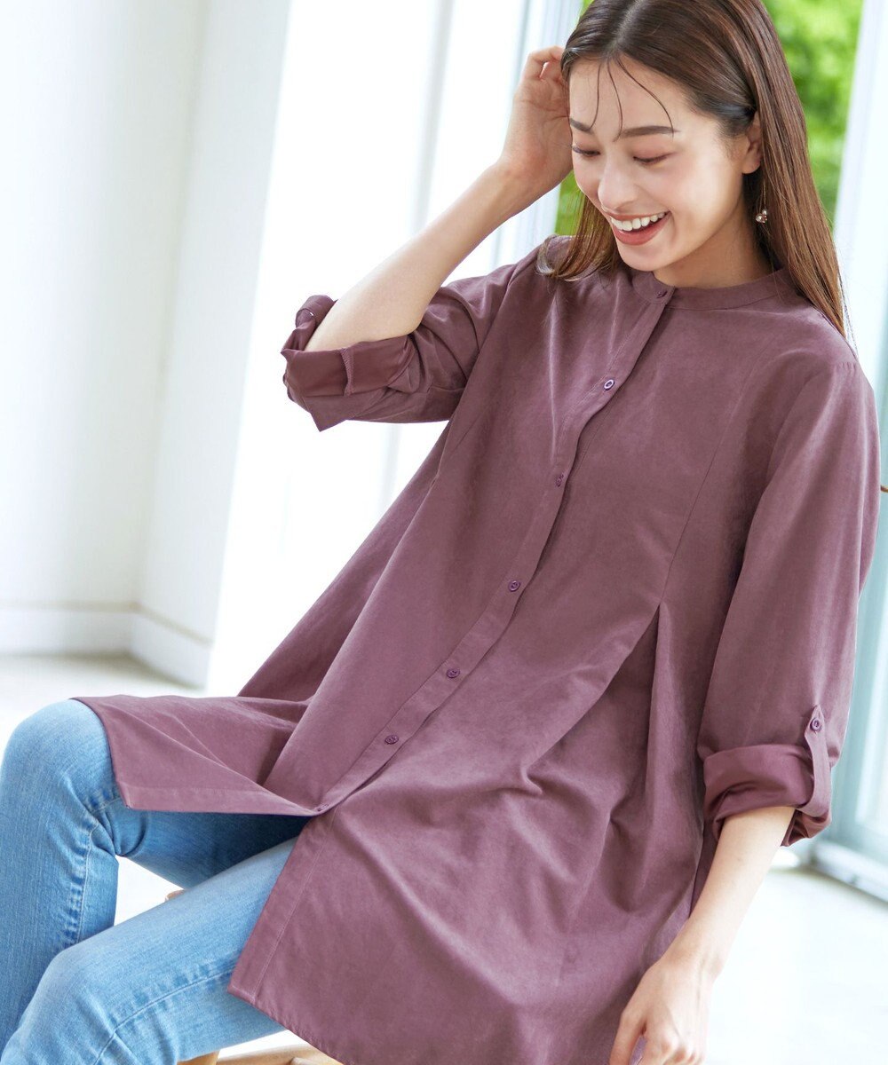 Tiaclasse 【洗える】ピーチスキンシャツチュニックブラウス 