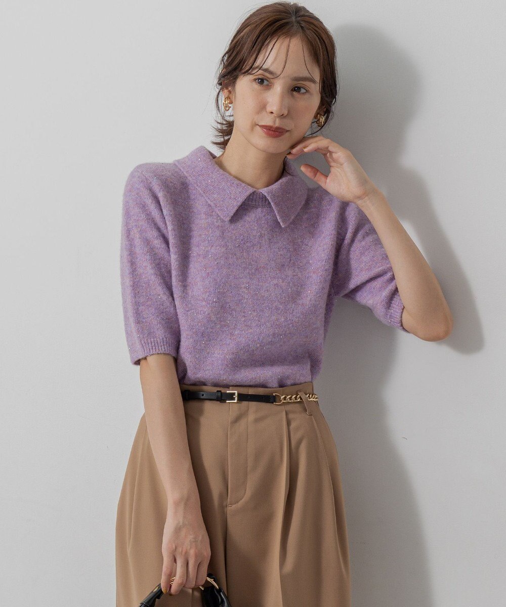 組曲 【加藤ローサさん着用 / 襟取り外し可】スパンコールヤーン 5分袖ニット 