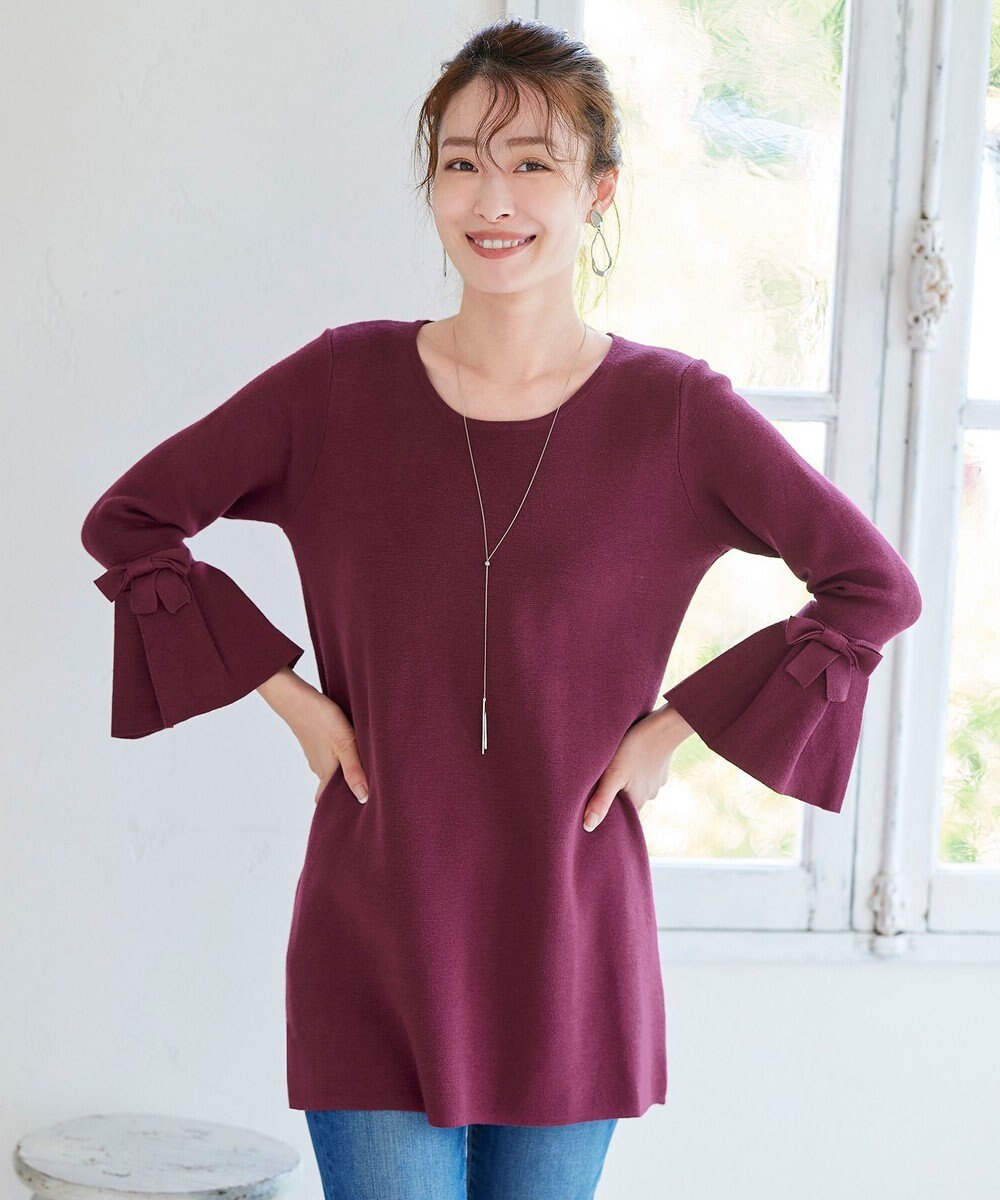 Tiaclasse L 【洗える】ミラノリブ編みのフレア袖ニットチュニック 