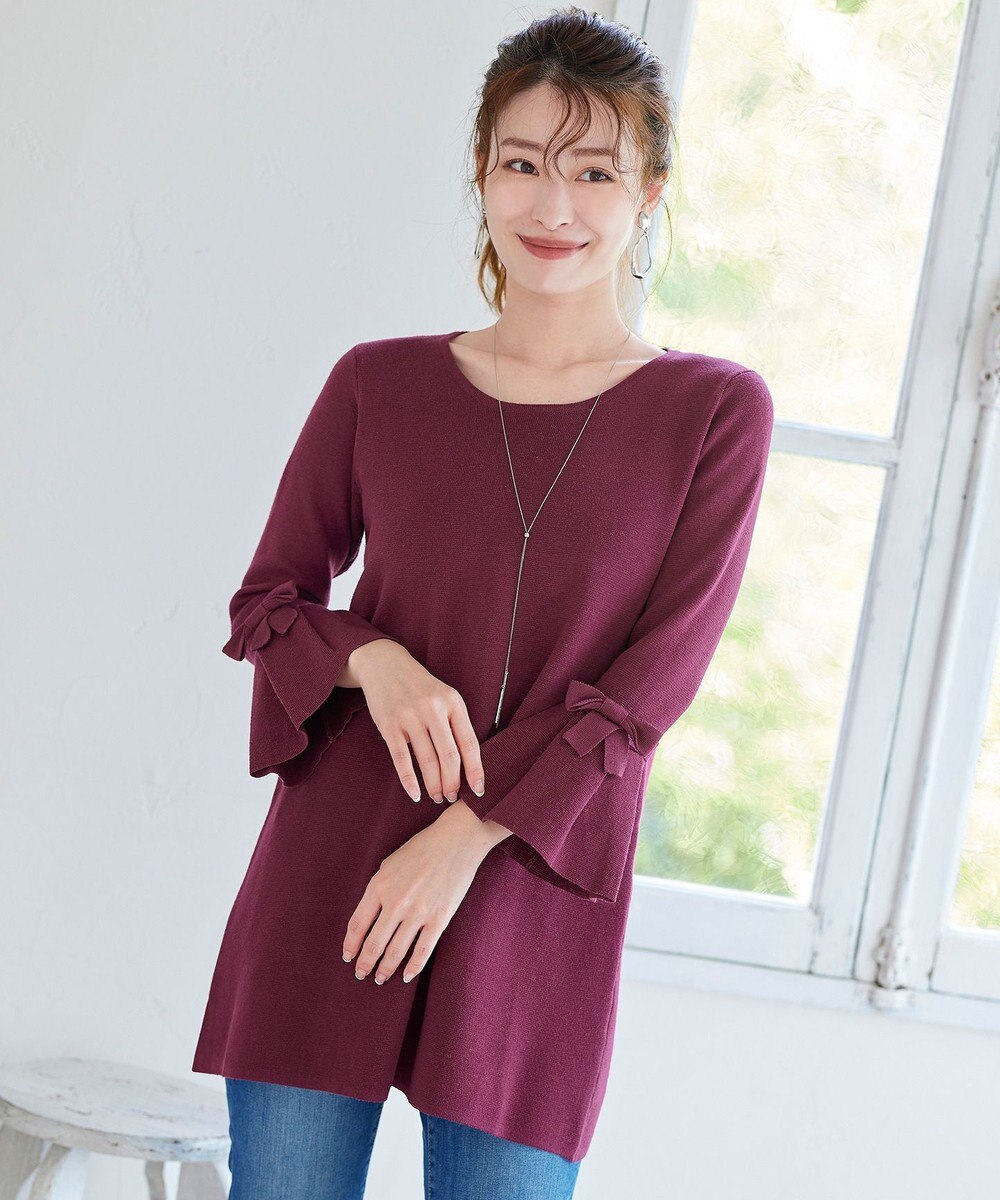 Tiaclasse L 【洗える】ミラノリブ編みのフレア袖ニットチュニック 