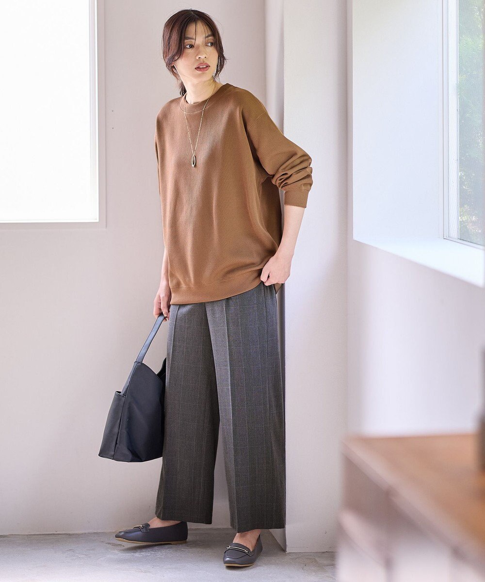 ANY L 【洗濯機可/ストレッチ/ウエストゴム/裏起毛】マルチファンクションストレッチチェックワイドパンツ 