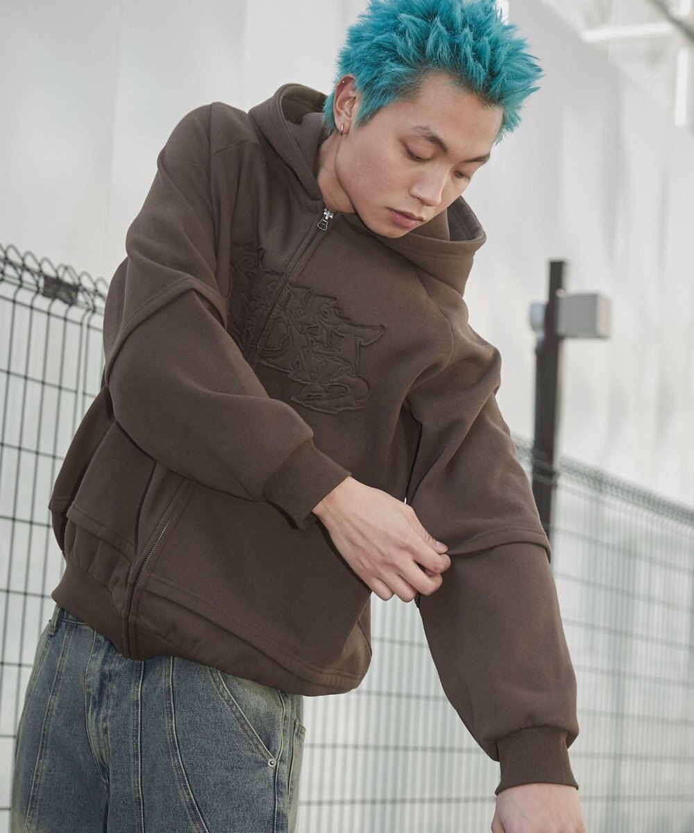 WEGO 【ユニセックス着用ITEM】ダメージアップリケレイヤードZIPパーカー 