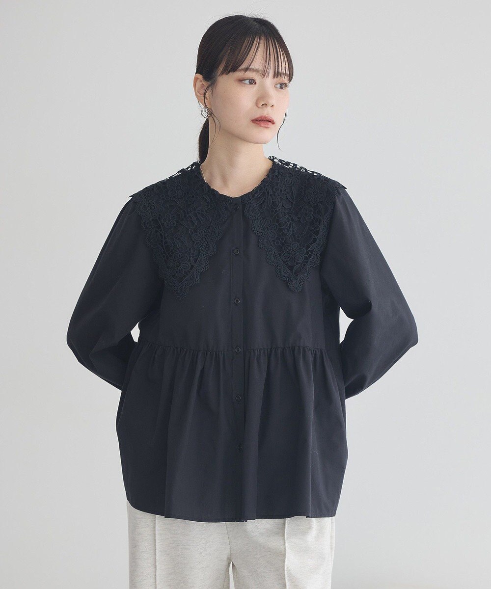 earth music&ecology 【コットン混】レース襟フレアヘムブラウス 