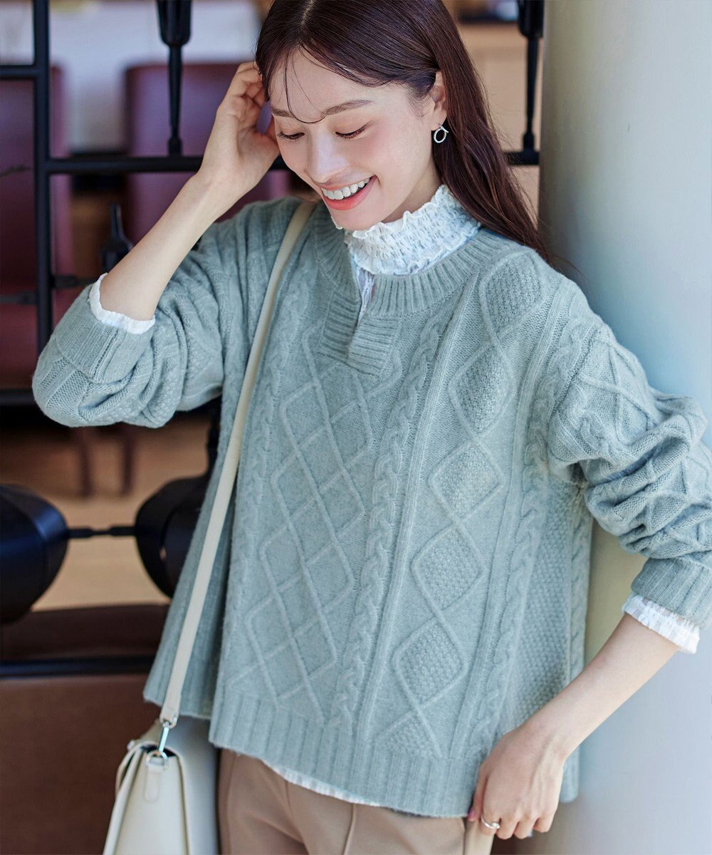 Tiaclasse 【洗える】アラン柄キーネックニットトップス 