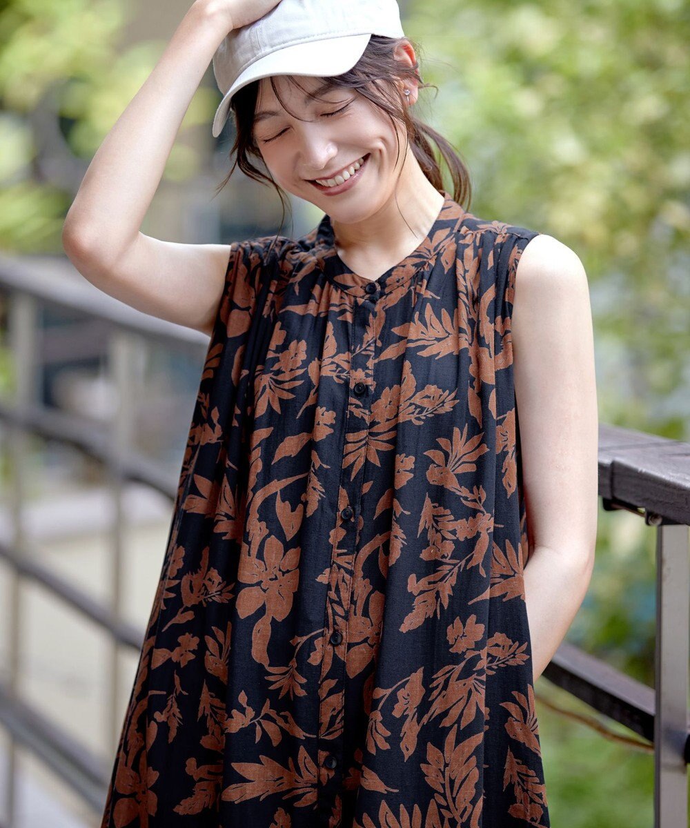 Tiaclasse 【洗える】麻レーヨンボタニカルシャツワンピース 