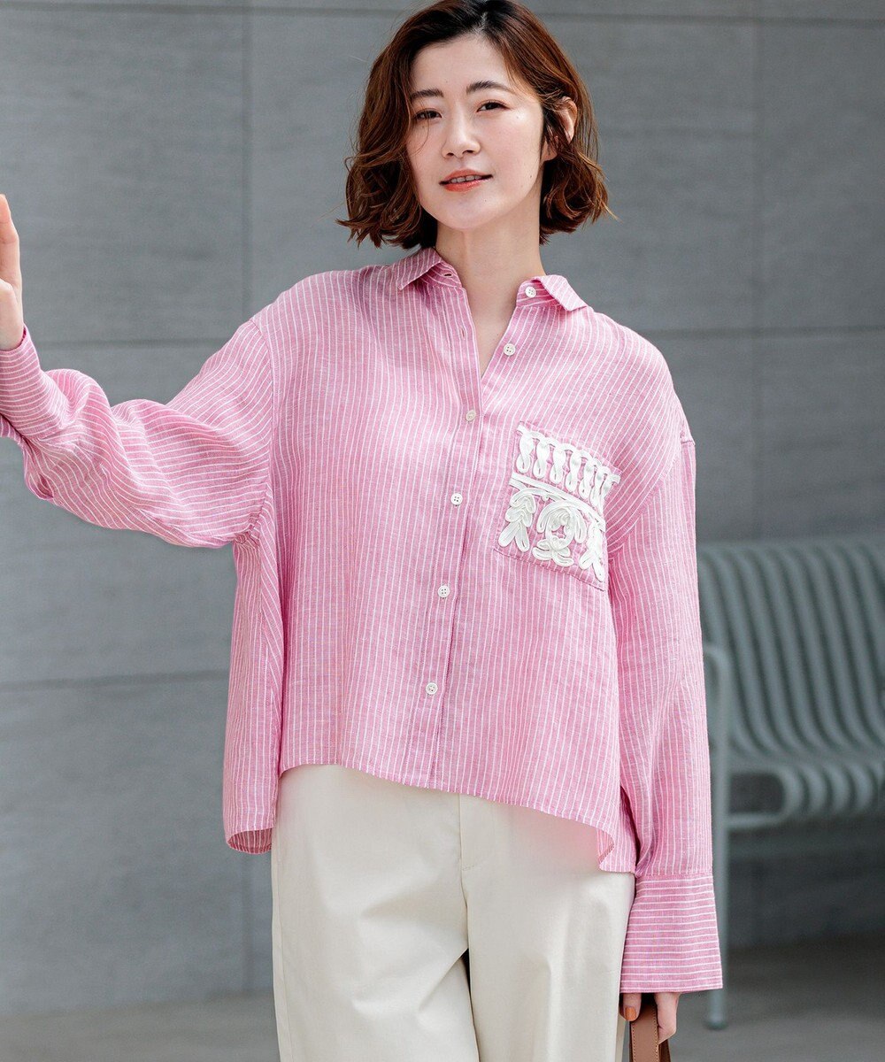 23区 【先行予約】LIBECOリネン ポケット刺繍 クロップドシャツ 