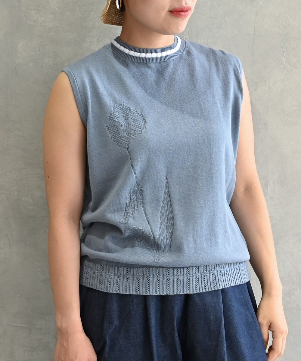 muuc 〈細番手の高級綿糸コットンコーマ糸〉〈洗練された繊維の滑らかな肌触り〉〈お家で洗えるニット〉模様編み ポピーの花リンクス編み ノースリーブブルオーバー 