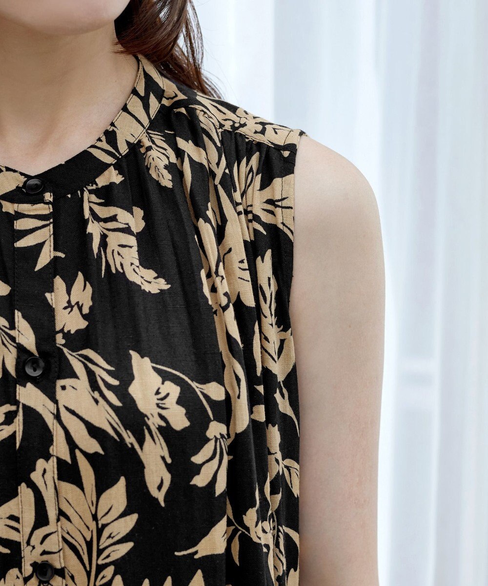 Tiaclasse 【洗える】麻レーヨンボタニカルシャツワンピース 