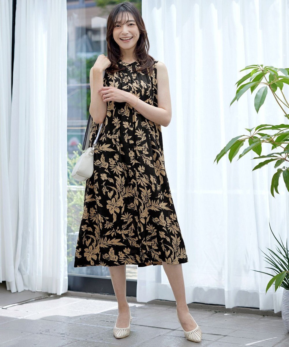 Tiaclasse 【洗える】麻レーヨンボタニカルシャツワンピース 