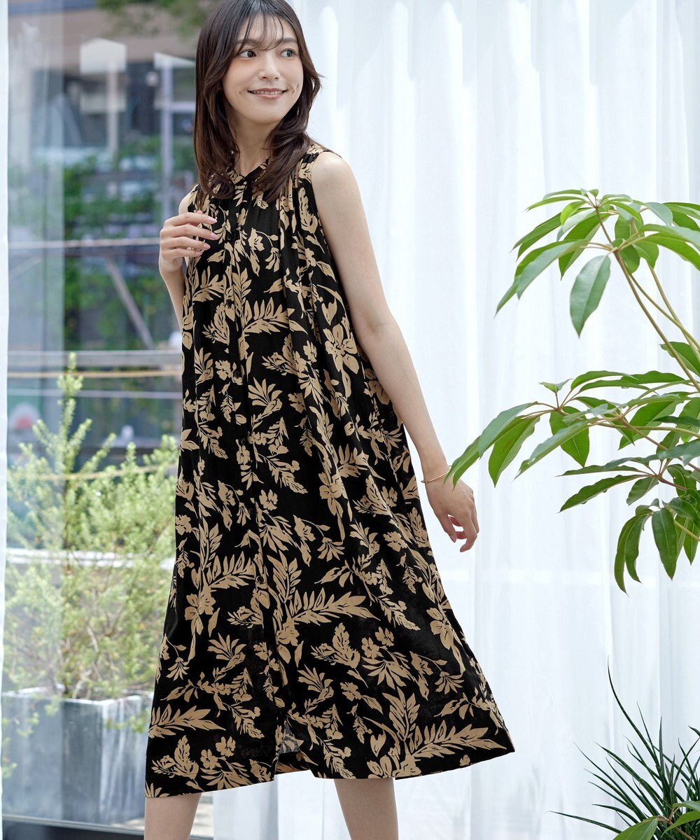 Tiaclasse 【洗える】麻レーヨンボタニカルシャツワンピース 