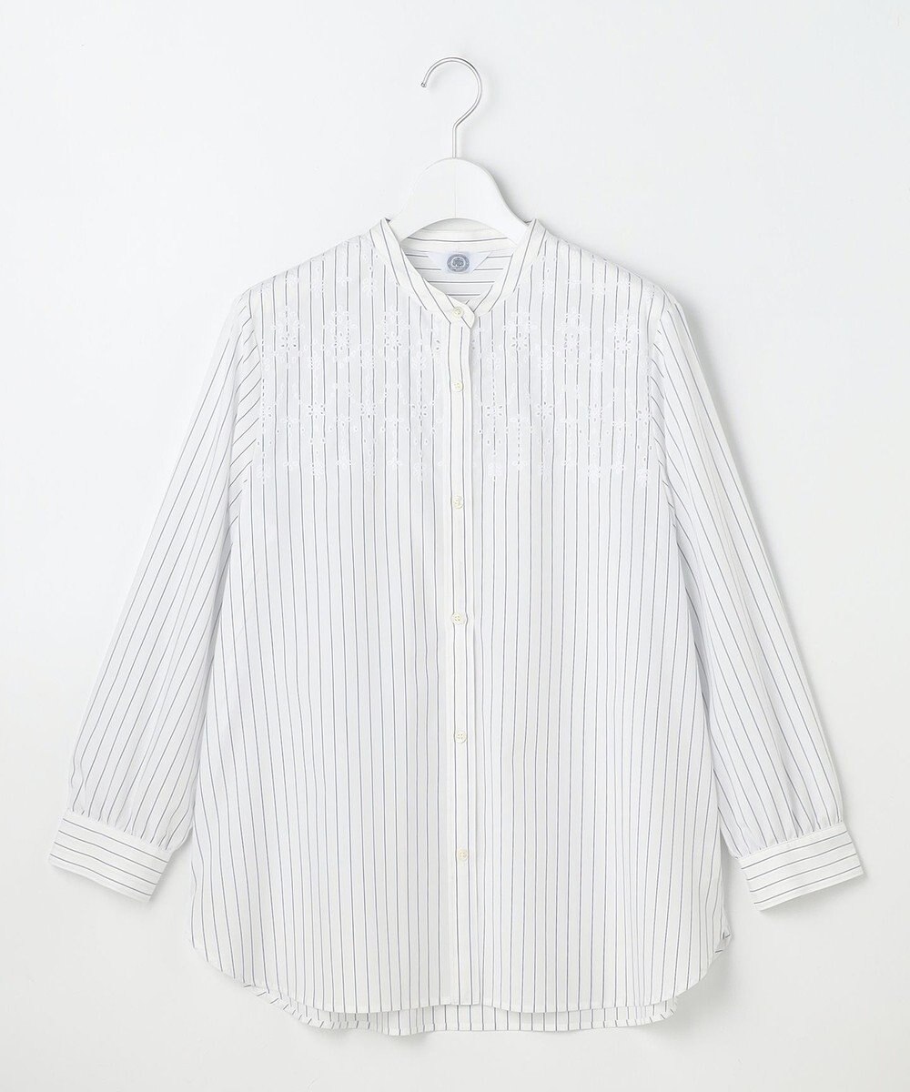 J.PRESS LADIES L ストライプ×エンブロイダリー バンドカラー ブラウス 