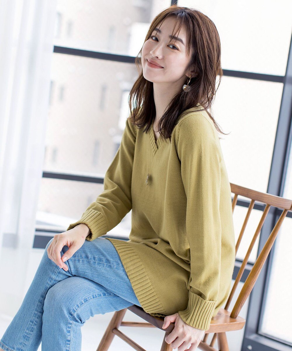 Tiaclasse L 【洗える】Vネックリブニットチュニック 