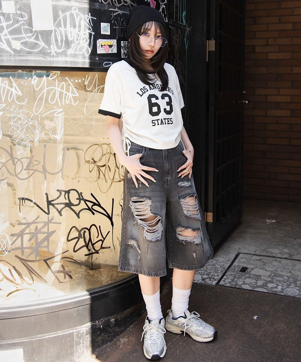 WEGO グラフィックサイドリボンドロストショートT 