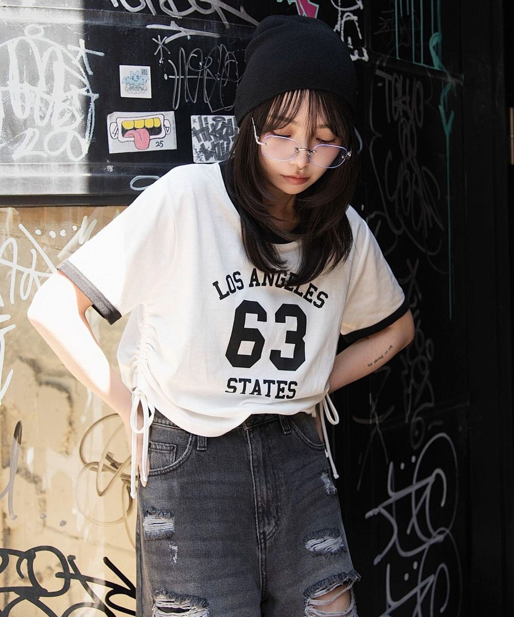 WEGO グラフィックサイドリボンドロストショートT 