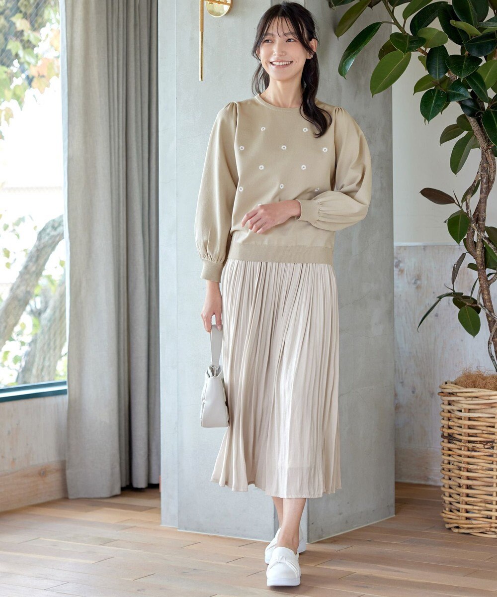 Tiaclasse L 【洗える】フラワー刺繍ニットトップス 