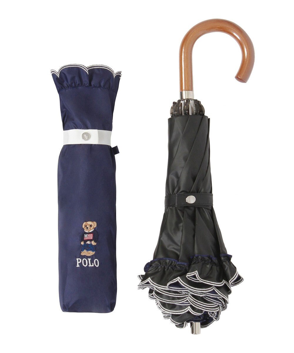 MOONBAT 【WEB限定/遮光率100%/遮熱/UV】POLO RALPH LAUREN（ポロ ラルフローレン）晴雨兼用日傘 ワンポイント ポロベア刺繍 フリル 折りたたみ傘 長折タイプ 
