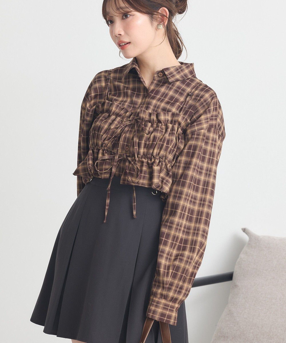 earth music&ecology SET2点チェック柄シャーリングビスチェ＋シャツ 