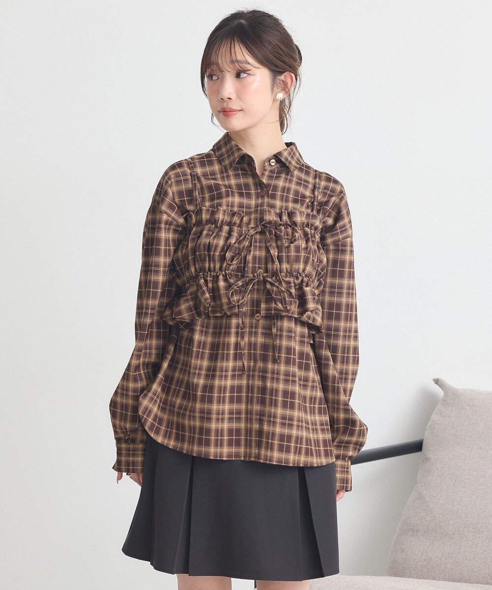 earth music&ecology SET2点チェック柄シャーリングビスチェ＋シャツ 