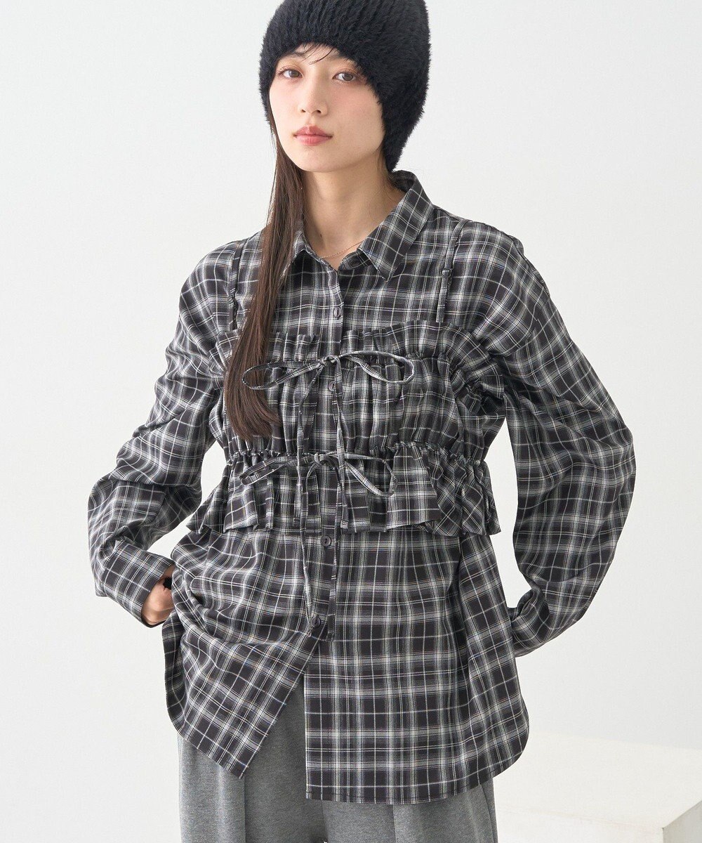 earth music&ecology SET2点チェック柄シャーリングビスチェ＋シャツ 