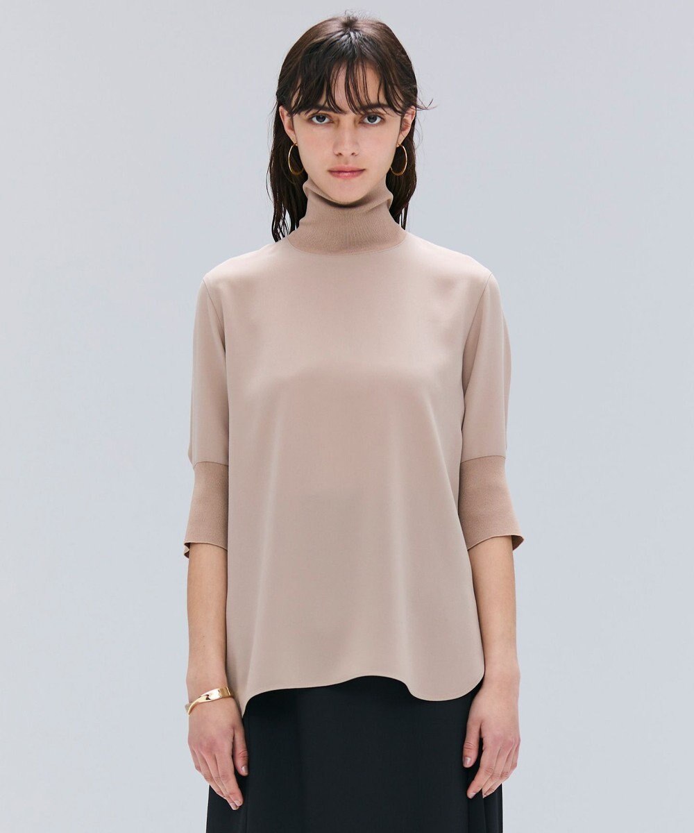 BEIGE， 【洗える】FLEUR / ニットコンビハイネック半袖ブラウス 