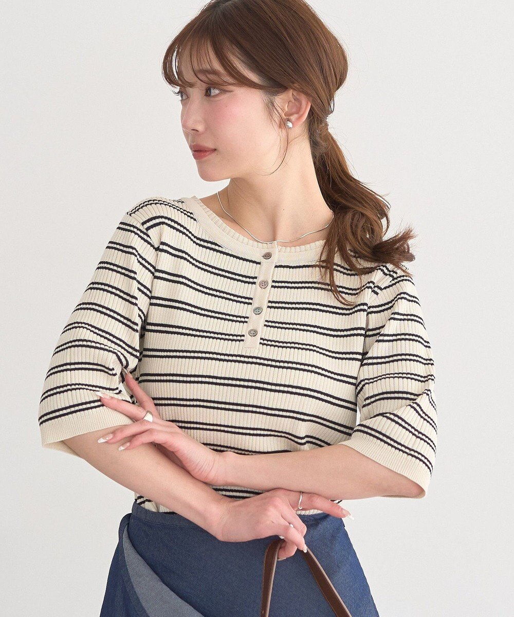 earth music&ecology ヘンリーネック半袖ニットプルオーバー 