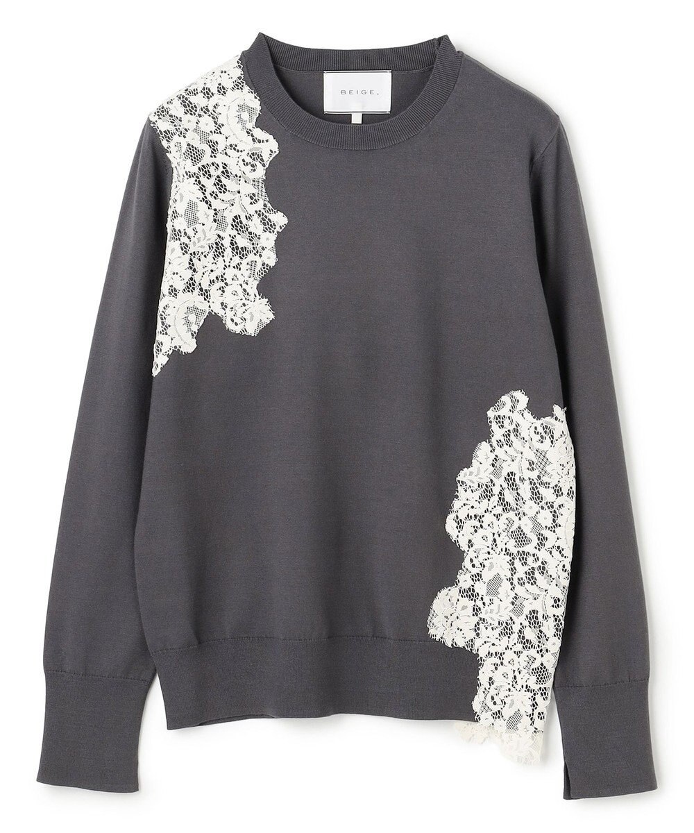 BEIGE， 【ご好評により新色追加！洗える】WILLOW / アシンメトリーレースクルーネックニット 