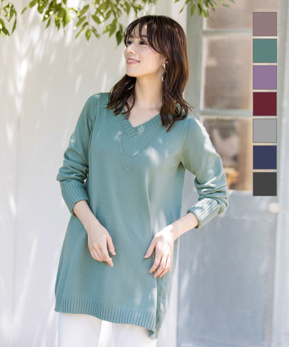 Tiaclasse L 【洗える】幅広く活躍が期待できるVネックリブニットチュニック 