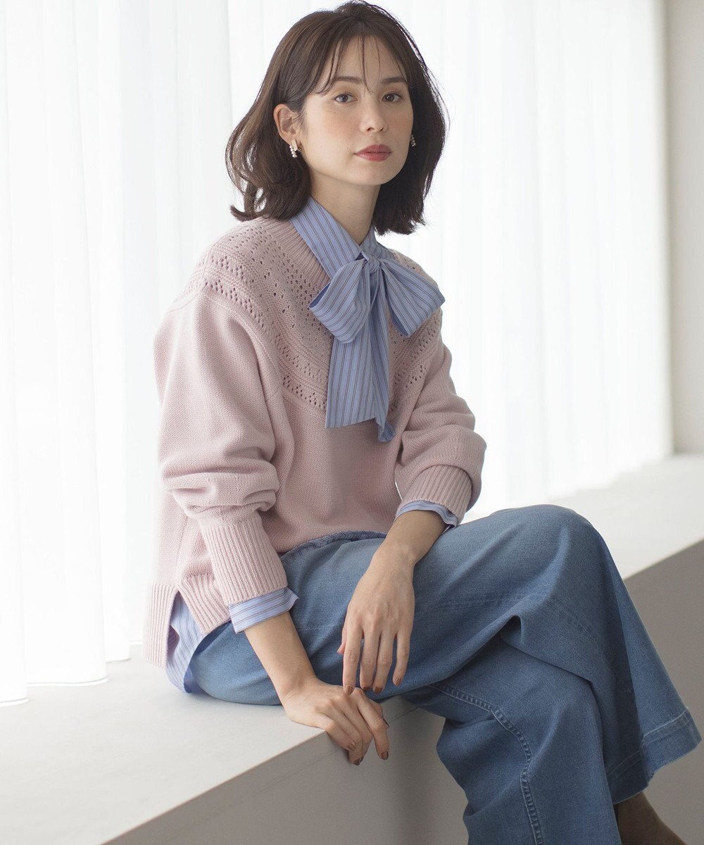 組曲 L 【ボウタイ付き】コンパクトシャーティング ストライプシャツ 