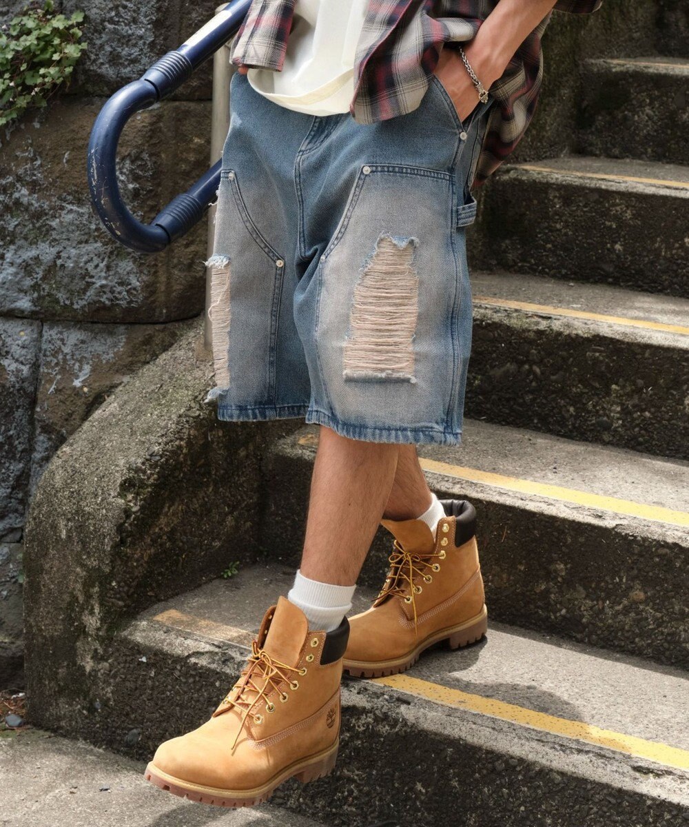 WEGO ダブルニーダメージデニムショーツ 