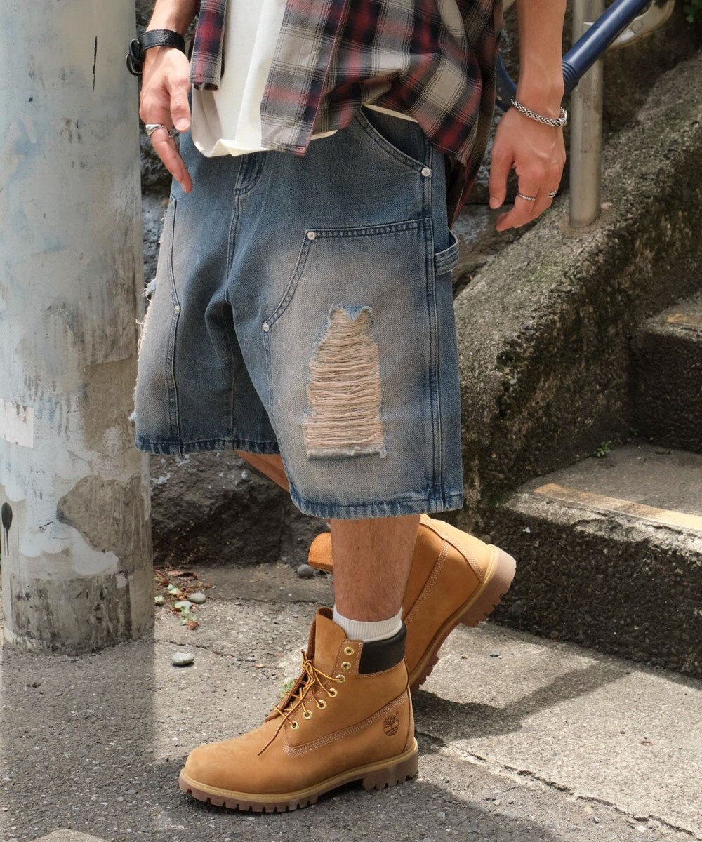 WEGO ダブルニーダメージデニムショーツ 