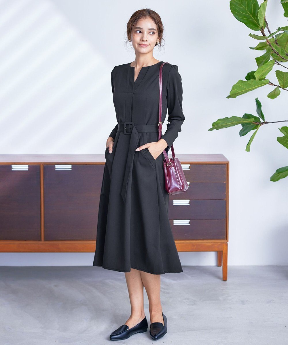 Tiaclasse 【洗える】ベルト付キーネックポケットワンピース 