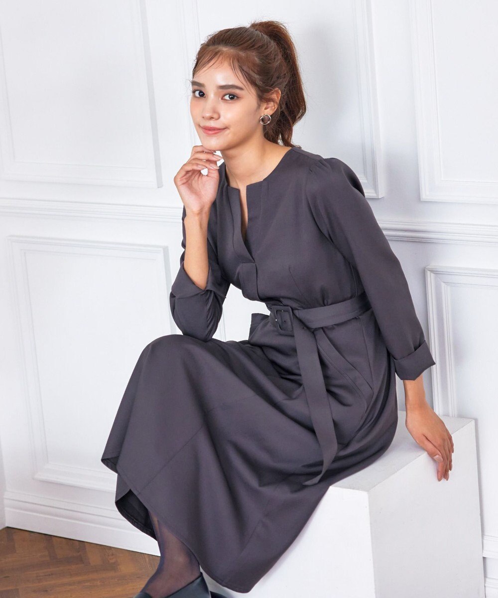 Tiaclasse 【洗える】ベルト付キーネックポケットワンピース 