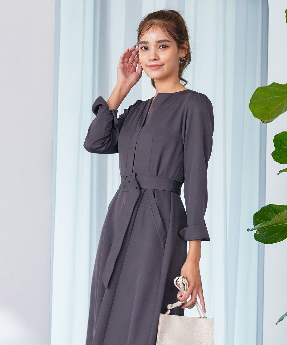 Tiaclasse 【洗える】ベルト付キーネックポケットワンピース 