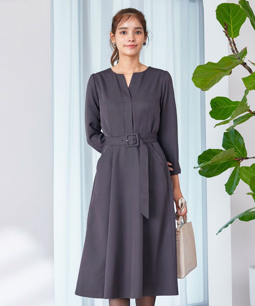 Tiaclasse 【洗える】ベルト付キーネックポケットワンピース 