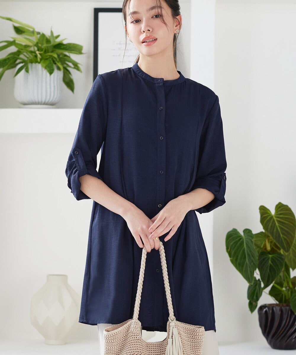 Tiaclasse L 【新色追加】バンドカラーシャツチュニックブラウス 