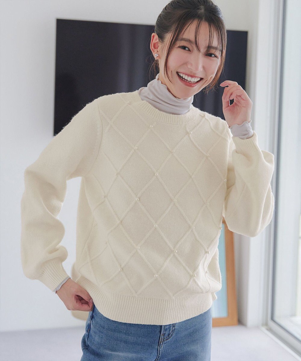 Tiaclasse ダイヤ柄パール付きニットプルオーバー 