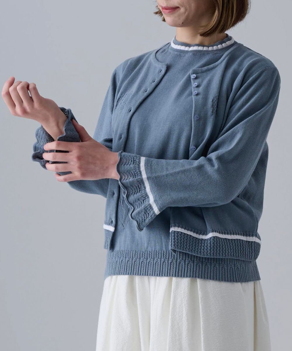 muuc 〈細番手の高級綿糸コットンコーマ糸〉〈洗練された繊維の滑らかな肌触り〉〈お家で洗えるニット〉模様編み ポピーの花リンクス編み カーディガン 