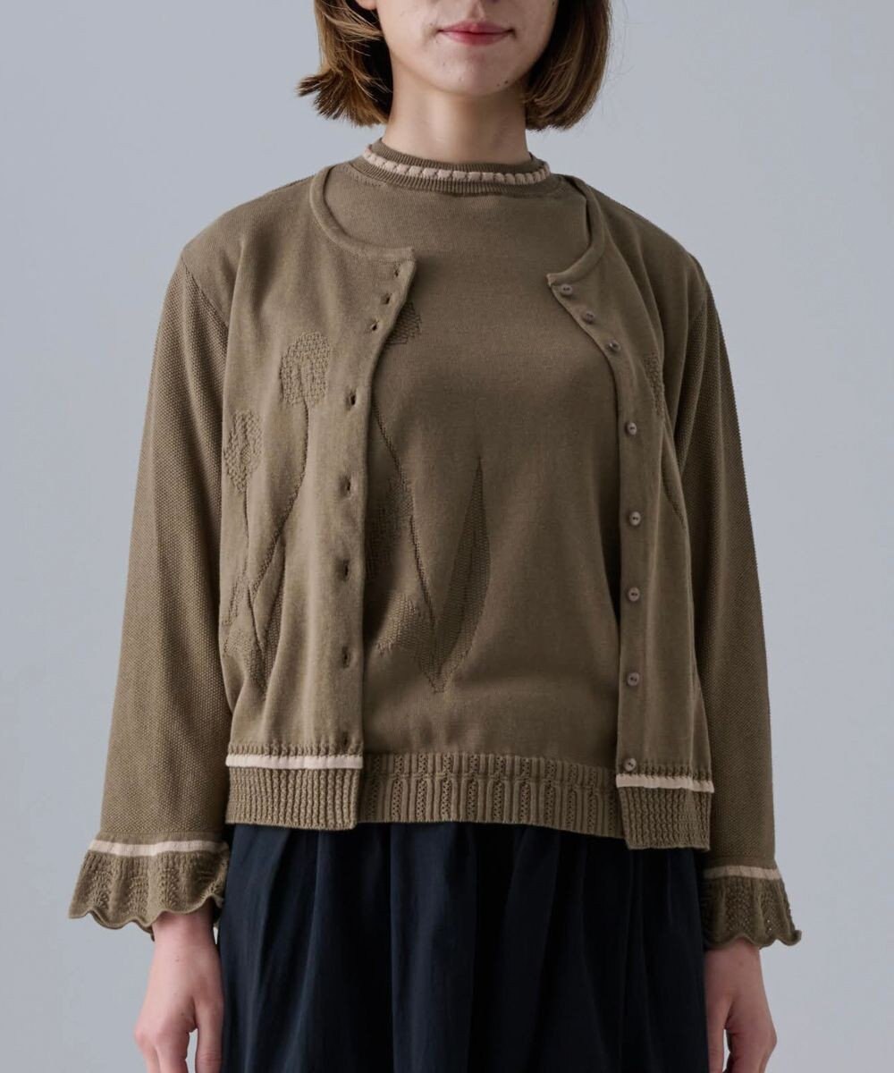 muuc 〈細番手の高級綿糸コットンコーマ糸〉〈洗練された繊維の滑らかな肌触り〉〈お家で洗えるニット〉模様編み ポピーの花リンクス編み カーディガン 