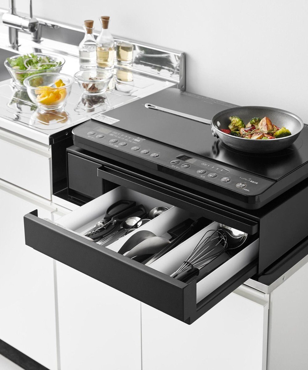 tower IHクッキングヒーターラック タワー 引き出し&スライドテーブル ブラック 