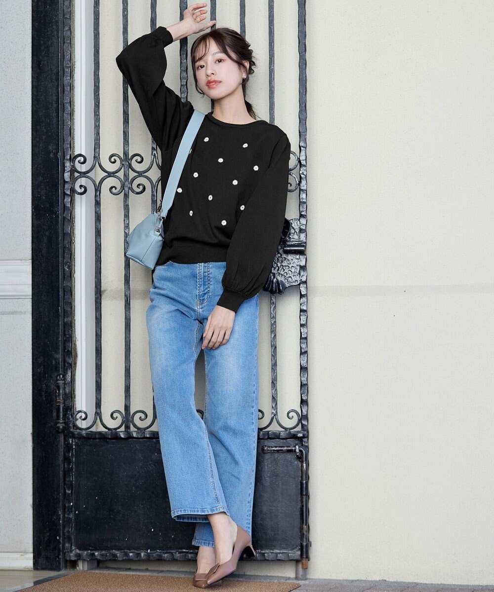 Tiaclasse 【洗える】フラワー刺繍ニットトップス 