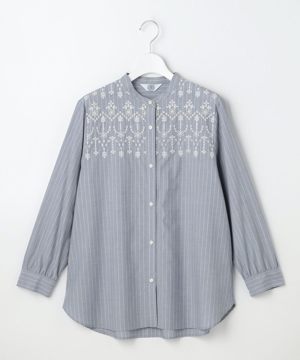 J.PRESS LADIES L ストライプ×エンブロイダリー バンドカラー ブラウス 