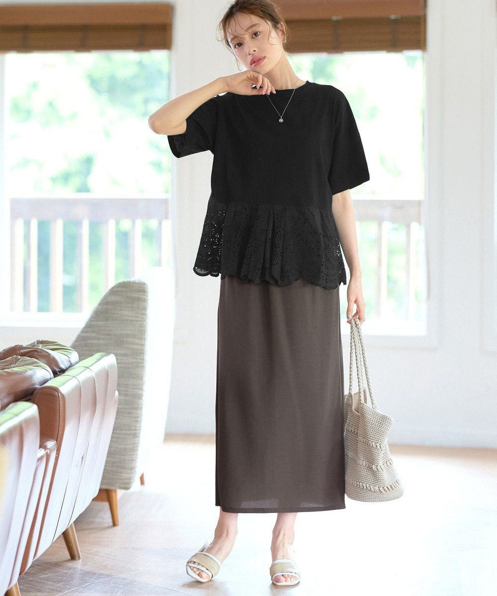 Tiaclasse 【洗える】刺繍レースドッキングカットソートップス 