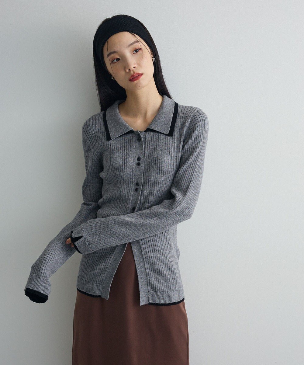 Green Parks 配色レイヤードポロリブニットカーディガン 