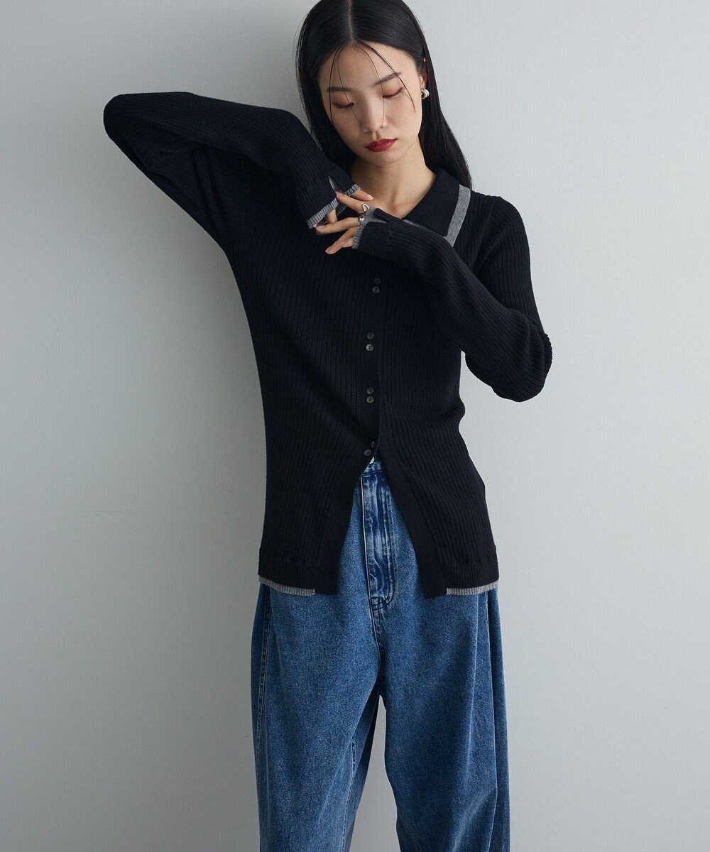 Green Parks 配色レイヤードポロリブニットカーディガン 