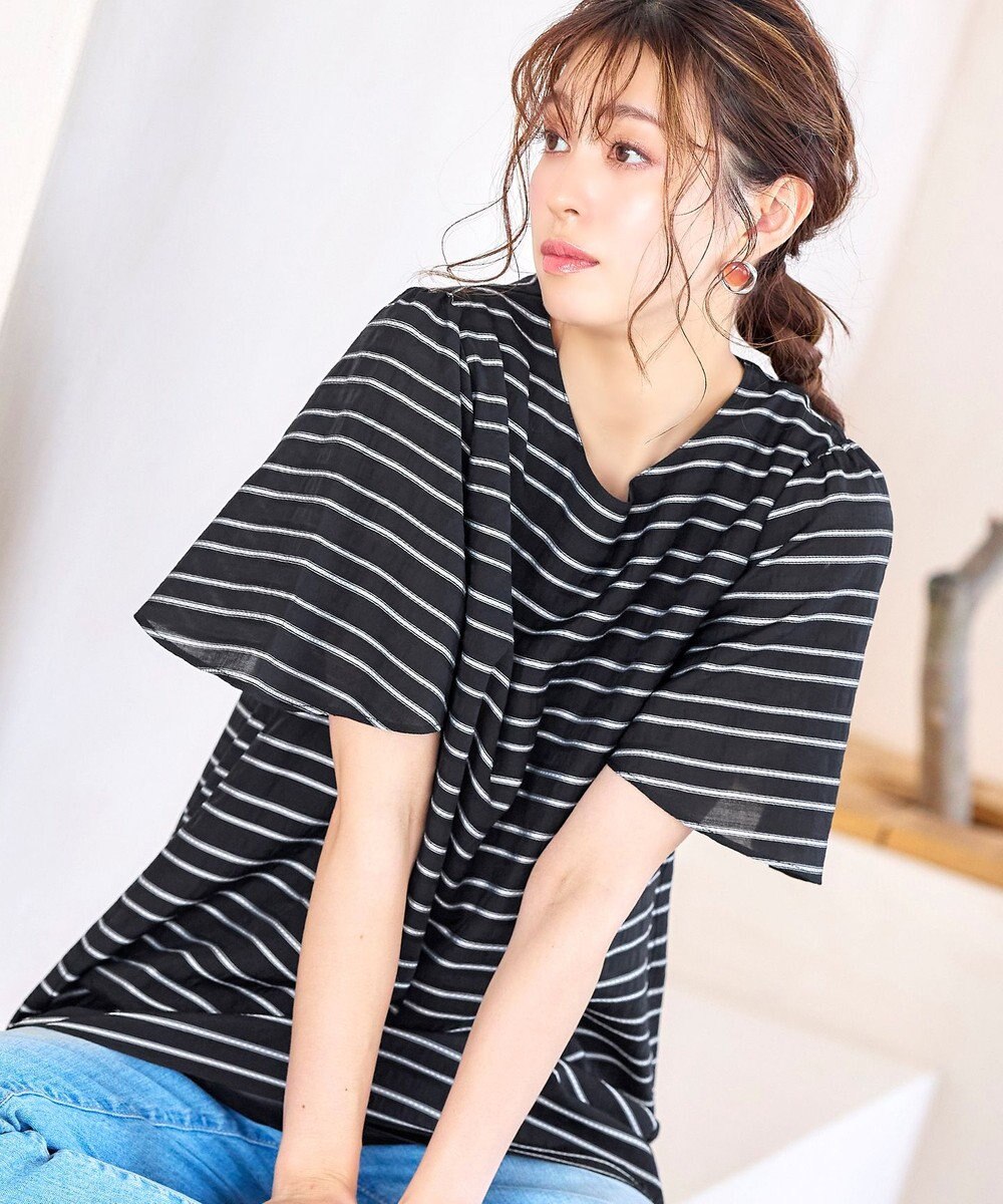 Tiaclasse 【洗える】ランダムボーダーチュニックブラウス 