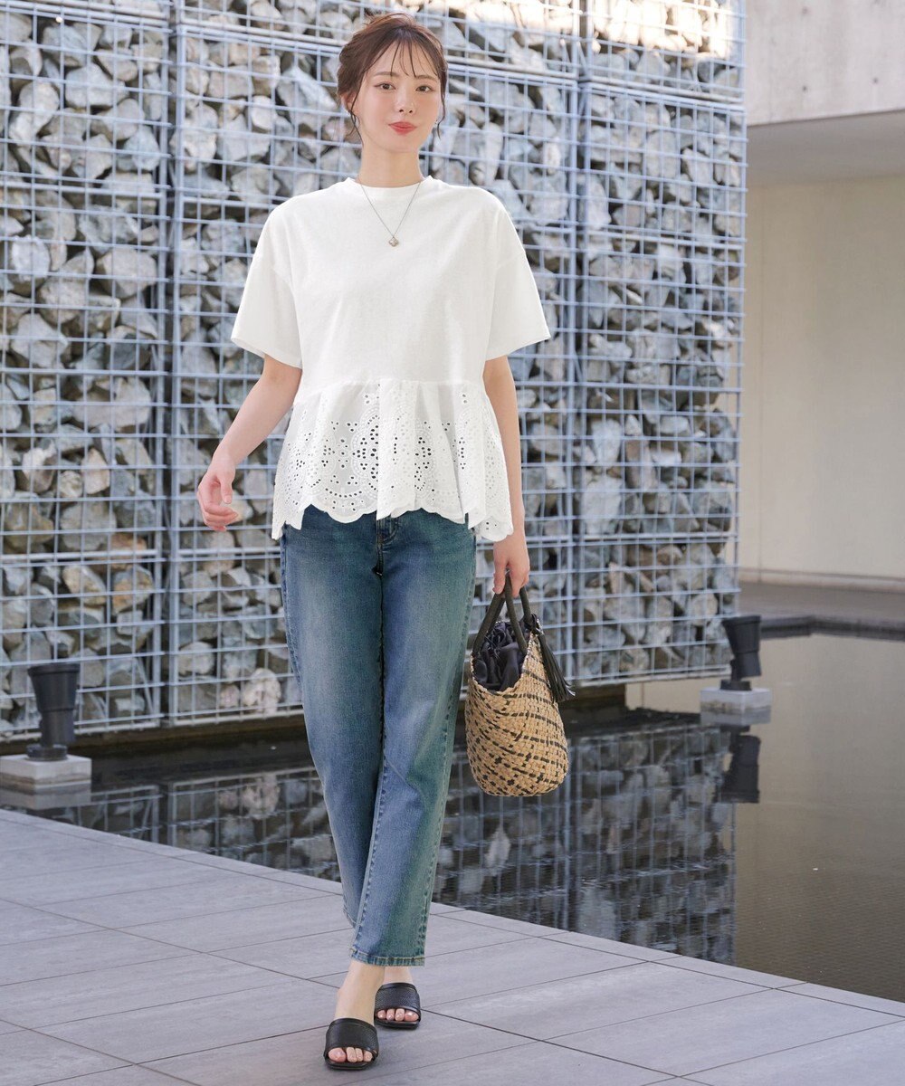 Tiaclasse 【洗える】刺繍レースドッキングカットソートップス 